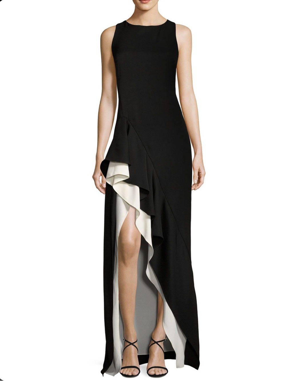 Halston Heritage Assymetrical Black White Ruffle Maxi Formal Evening Long Gown